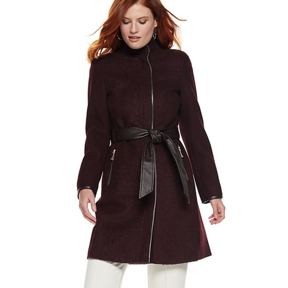 Nine West Faux-Leather Binding Wool-Blend Coat in Wine Color Size Women's Small - Picture 2 of 14
